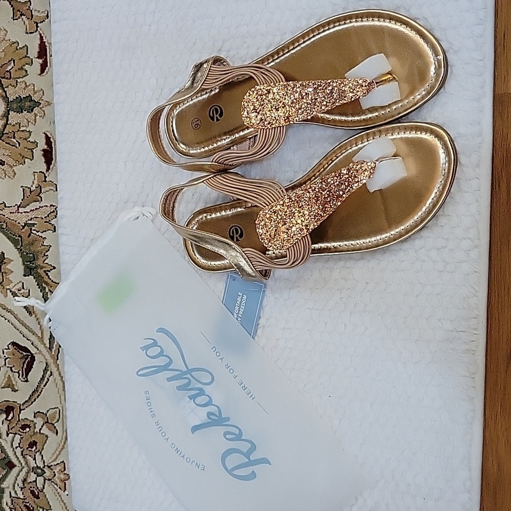 Rekayla Rose Gold flat sandals sparkle thong elastic ankle strap 9.5 New In Bag…